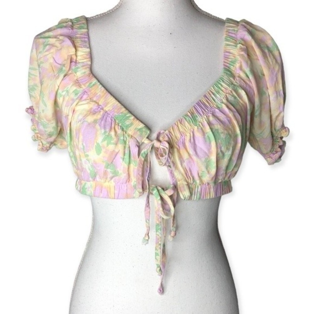 Wild Fable Linen Blend Pastel Floral Puff Sleeve Crop Top